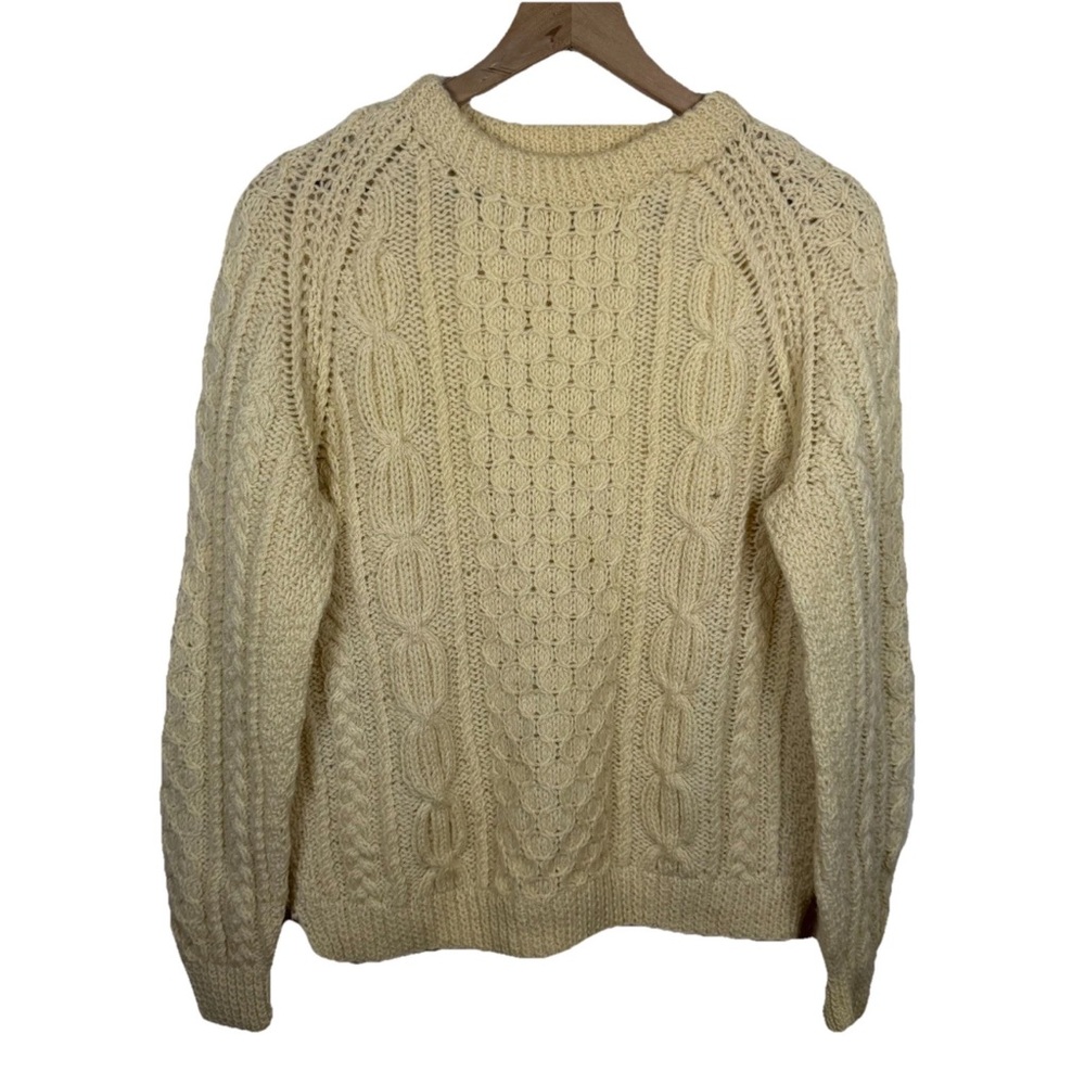 SOLD — Vintage 70s Irish Aran Fisherman Sweater Wool Cable Handknit Cream Mens